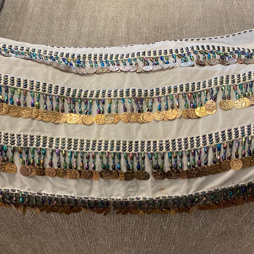 Belly Dance Hip Scarf White with Gold Coin fringe